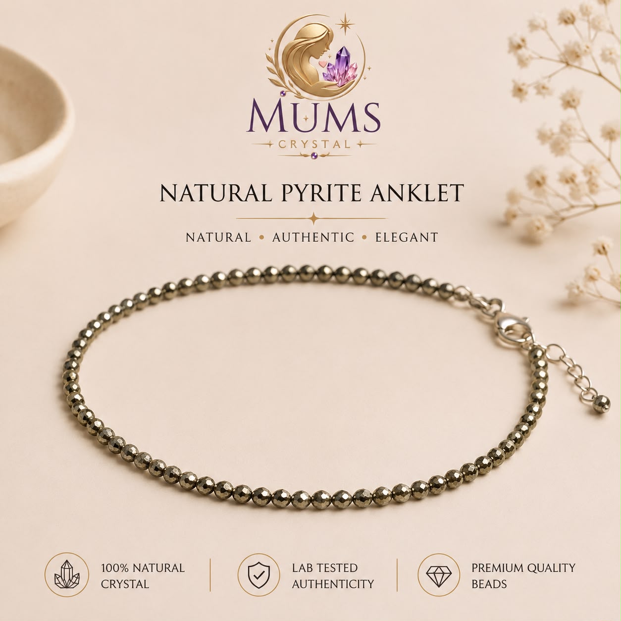 Natural Pyrite Anklet | Genuine Pyrite Stone Anklet | Mums Crystal