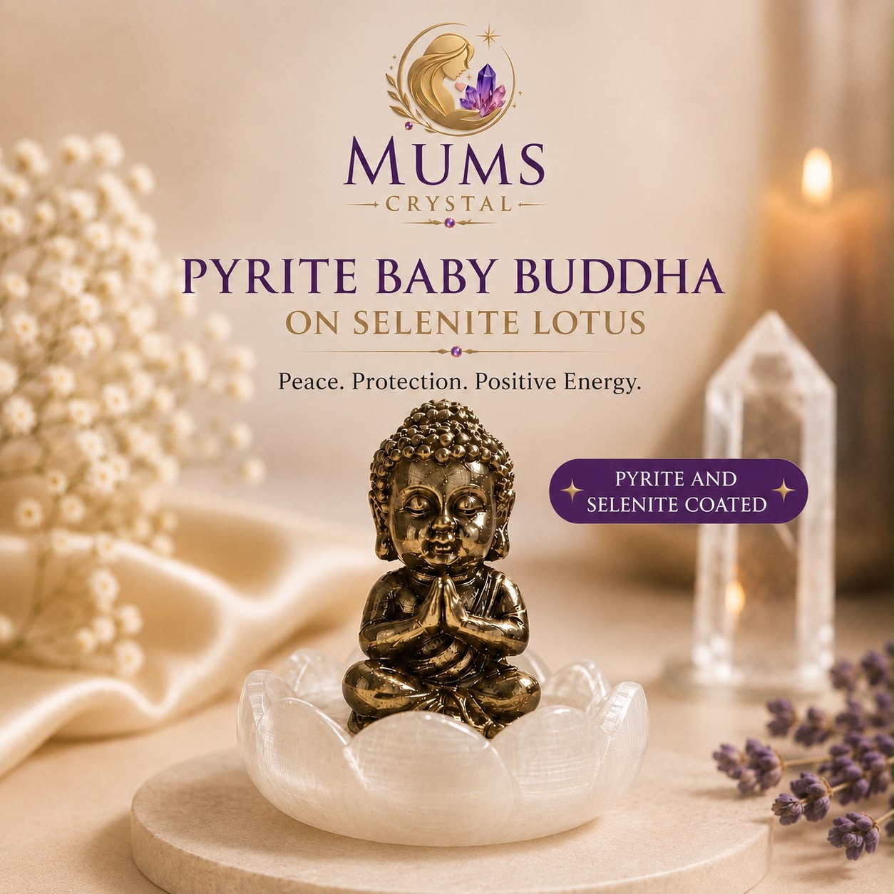 Pyrite Baby Buddha on Selenite Lotus
