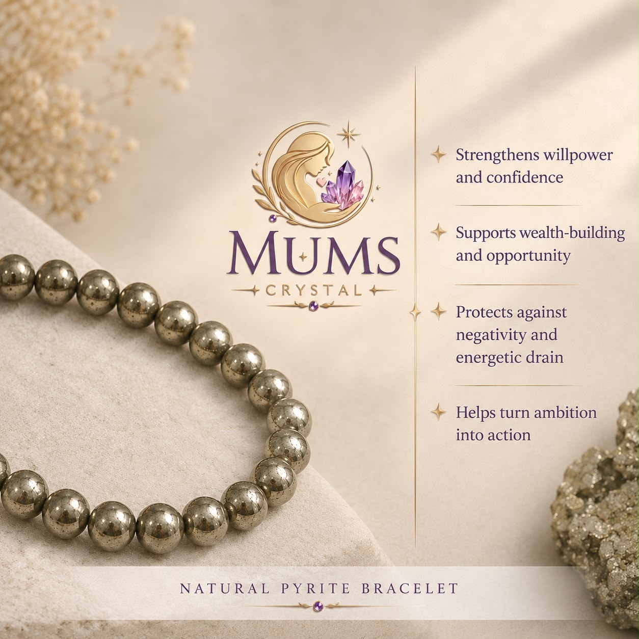 Natural Pyrite 8mm Bracelet | Genuine Pyrite Bracelet | Mums Crystal